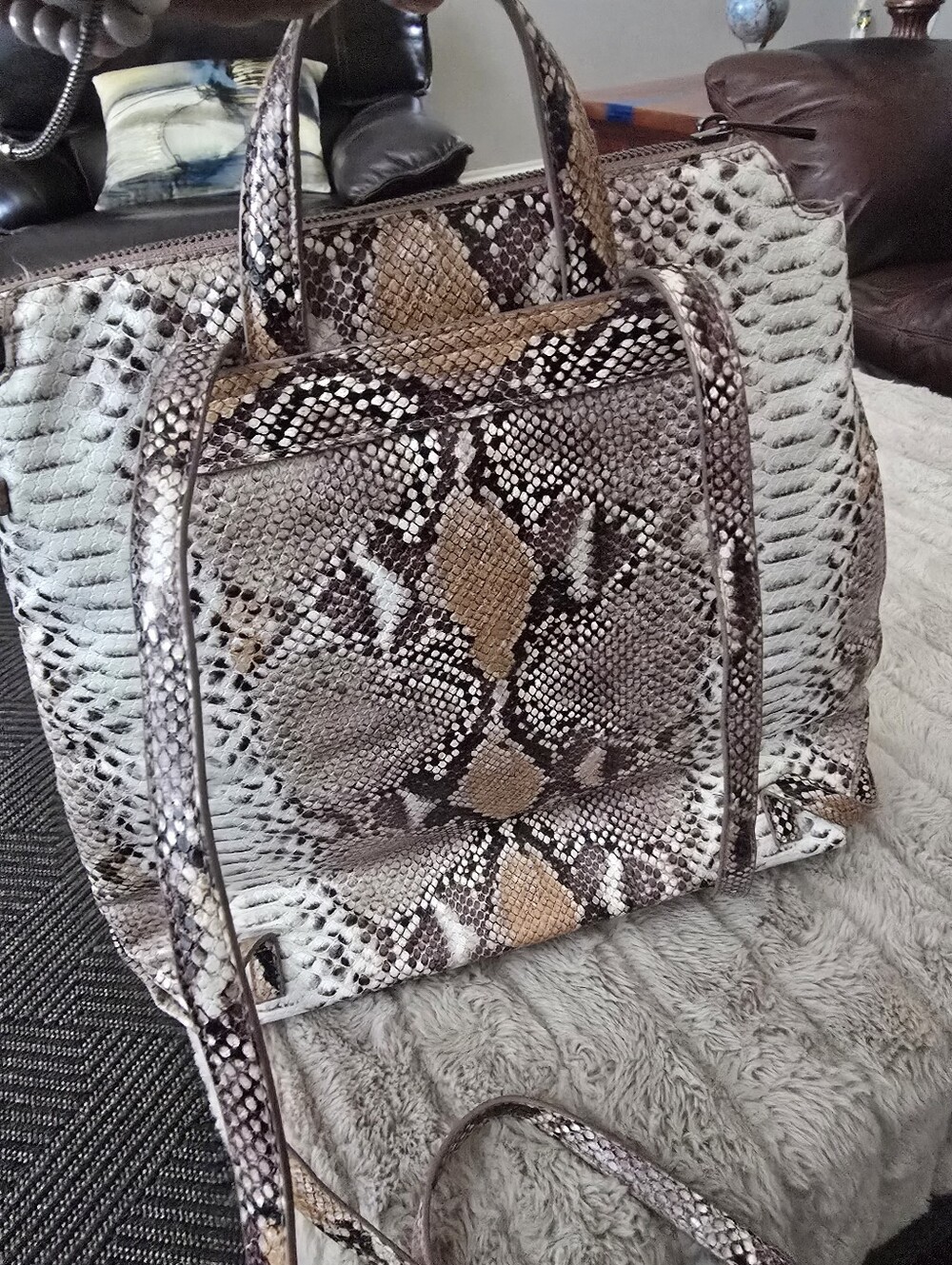 Python-Pattern Convertible Women’s Backpack in Neutral Taupe - Picture 7 of 9